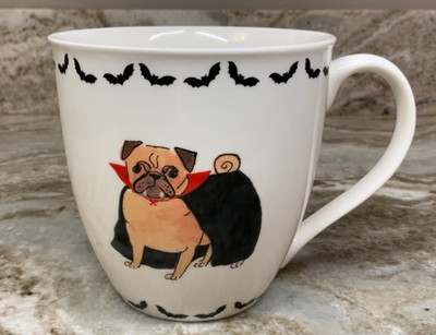 Large Dog Theme Halloween Coffee Mug Count Pugular. Pug And Bats, Spiderwebs New