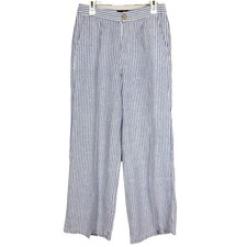 Tahari Womens 100 Linen High Waist Wide Leg Trouser Pants BlueWhite Stripe Sz 8