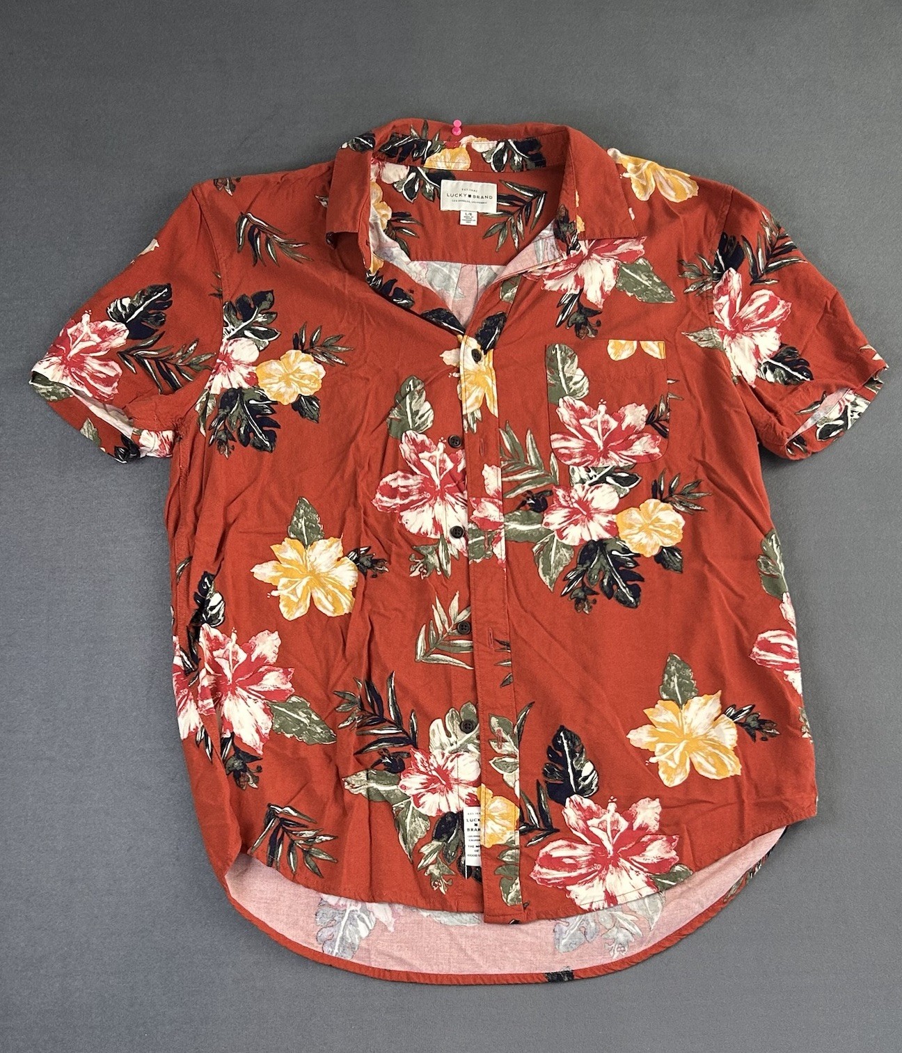 Lucky Brand Men's Linen Floral Pattern Button Up Short Sleeve Shirt Size Large