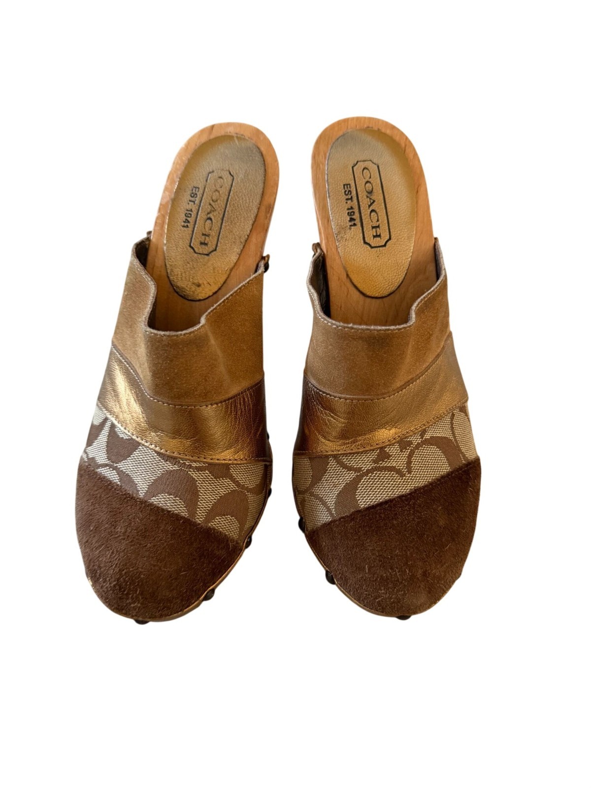 COACH Wave Brown Patchwork Mules Clogs Heels Size… - image 9