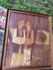 Framed Vintage Southeast Asian batik Art Women Singaporean or Indonesian Textile
