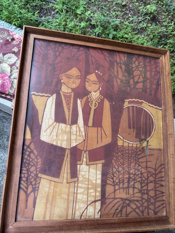 Framed Vintage Southeast Asian batik Art Women Singaporean or Indonesian Textile