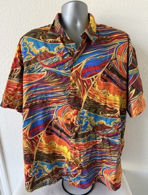 Kai Clothing Shirt Men 2XL Aloha Hawaiian Hypnotic Waves Paddlers Volcano Surf
