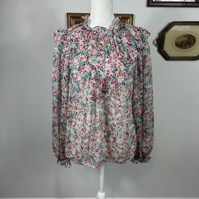 Boden V Yoke Flounce Top - SIZE US 4 Sheer Metallic Floral Long Sleeve Ruffle