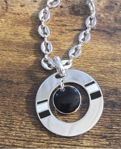 Vintage Double Circle Pendant Necklace Black, Silver & White - Picture 2 of 6