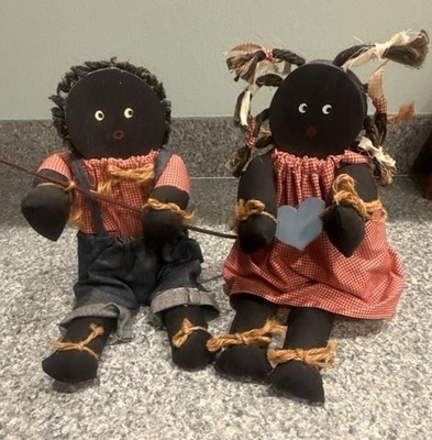 Vintage Handmade Primitive Folk Art Rag Dolls Boy and Girl Couple Americana Set