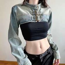 Crop Denim Jacket Buckle Front Cropped Jean Top Stand Collar Long Sleeve Shirt