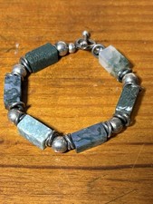 Green Moss Agate And Sterling Silver Chunky Bracelet 7 Inches Each Stone Is Uniq