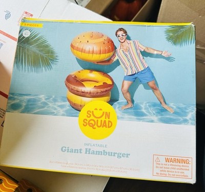 Sun Squad Inflatable Giant Hamburger 3-Pieces Pool Float Set For Kids Ages 6+
