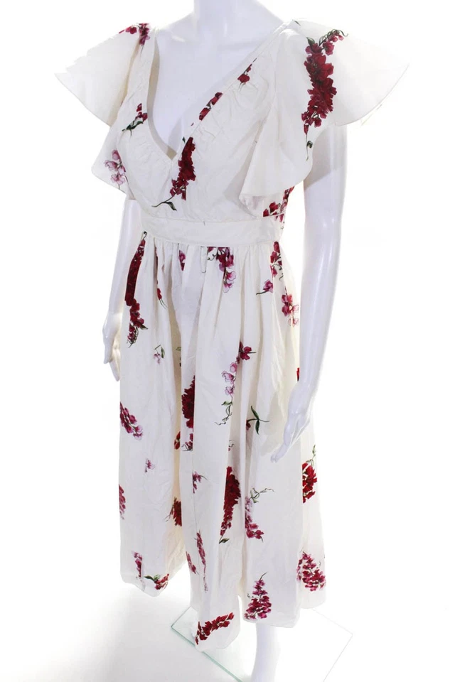 Giambattista Valli Womens Floral Poplin Midi A Line Dress White Pink Size IT 42 - Image 2 of 4