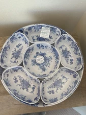 Shabby Chic Melamine Serving Bowl Plus 6 Bowls Lazy Susan Blue White Floral New