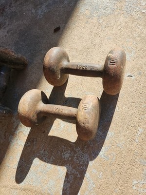 Vintage Pair Of 10 lb BFCO Cast Iron Dumbell Bun Head Weights Set