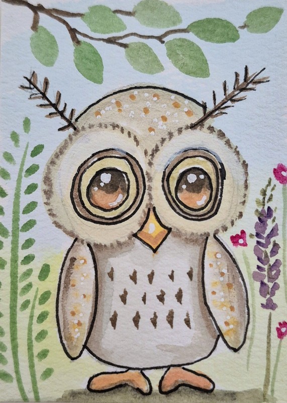 GARDEN OWL Adorable Original Aceo Watercolor ~ Free Shipping & Bonus Included! ♡