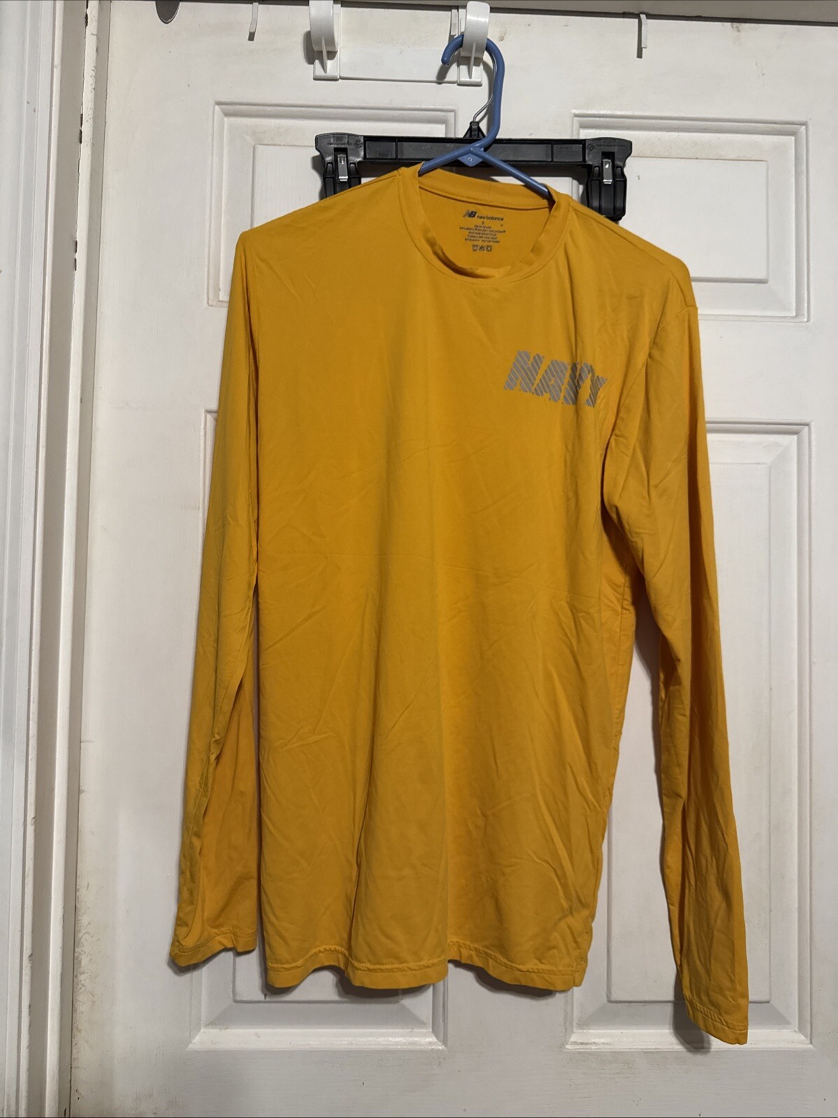 New Balance USN Yellow Navy Moisture Wicking Shirt Reflective Text Size Small