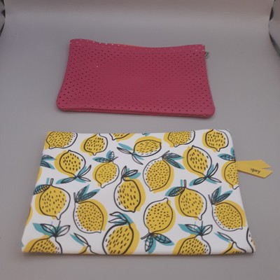 2 x Ipsy Glam Makeup Cosmetic Bag Set Green Floral Spring Flowers Lemons Pink