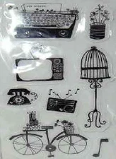 HEIDI GRACE Rubber Cling Stamps OBJECTS 65996 ANTIQUE VINTAGE BIRD CAGE BIKE TV