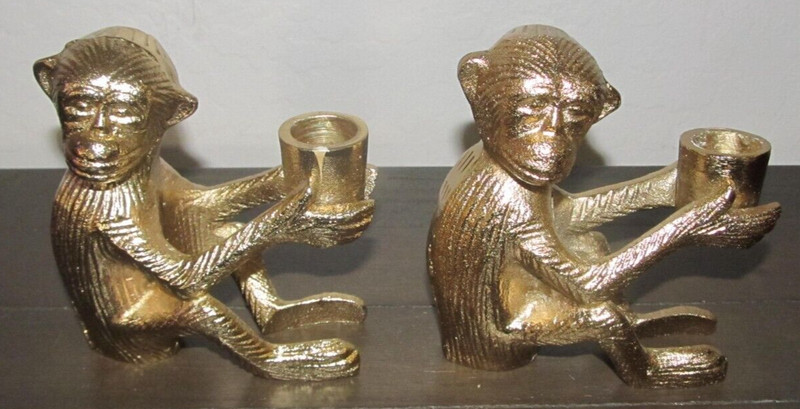 Vintage Cast Metal Shiney Brass Monkey Candlestick Candle Holder 5.25"