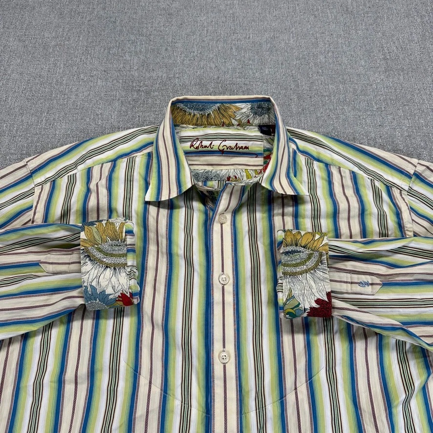 Camisa Robert Graham Botón Hombres 2XL Rayas Bordada Manga Larga Floral Color Foto 2 de 4