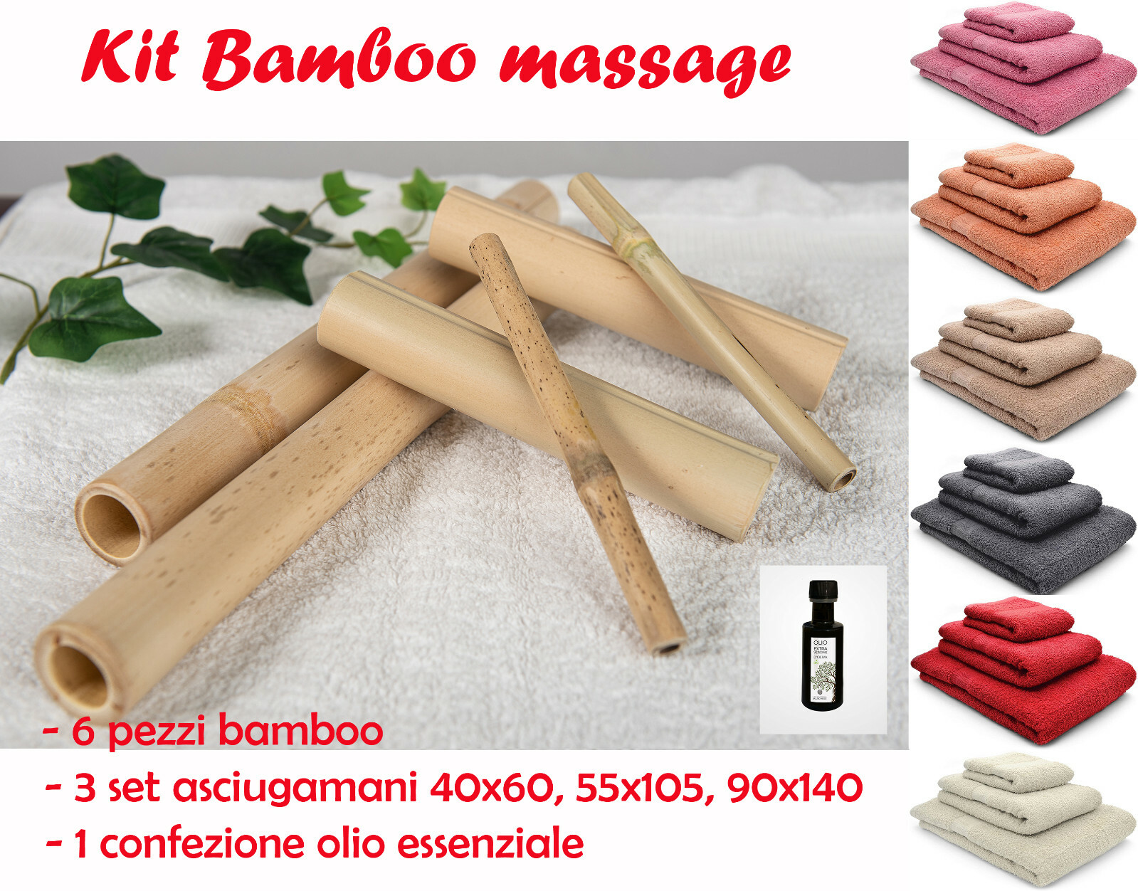 BAMBOO MASSAGE KIT 6 CANNE BAMBU + 3 SET ASCIUGAMANO + OLIO