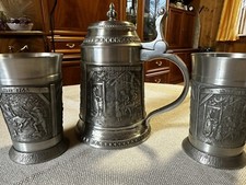 SKS Zinn Bierkrug + 2 Becher, 3 L&auml;ndliche Szenen Auf Krug Und Becher, Sammler