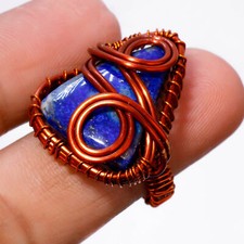 Lapis Lazuli Gemstone Copper Ring Handcrafted Wire Wrap Antique Jewelry 6.75" S8