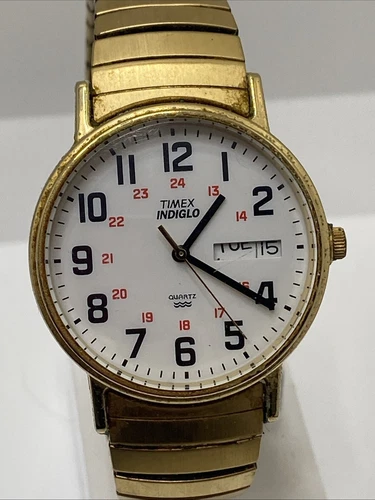 Vintage Mens Timex Indiglo Gold Tone Watch Stretch Band New Battery!