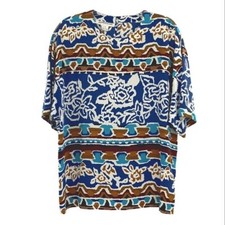 VINTAGE 80's Alfred Sung Abstract Tribal Print Silk Popover Top 12 Shoulder Pads