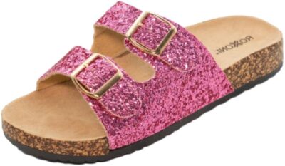 Pupeez Womens Glitters Comfort Flat Sandals Double Buckle Straps Flat Slides