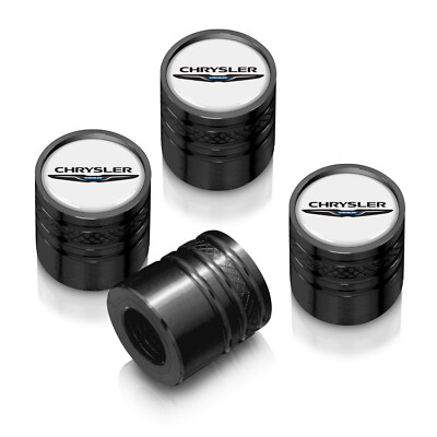 Chrysler Logo in White on Black Aluminum Cylinder-Style Tire Valve Stem Caps