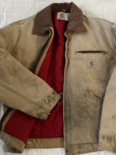 Carhartt Detroit Jacket 6QLJ Red Quilt Lined Faded Distressed Coat 90's Vintage - Picture 17 of 24