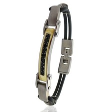 Bracciale caucciù a 2 fili con targa acciaio satinato laminato oro zirconi neri