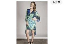 Umgee Women's Plunge Dress Green Mint Ikat Kimono Sleeve High Low Boho Size L