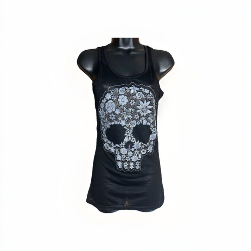 Canotta vintage Y2k teschio nera pizzo trasparente strass borchie gotica scena emo vintage - Foto 1 di 11