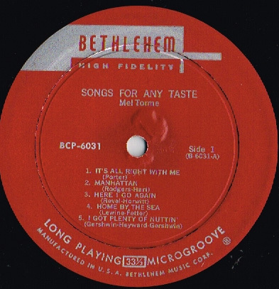 MEL TORME songs for any taste U.S. BETHLEHEM LP BCP-6031_rare 1959 deep groove - Picture 2 of 4