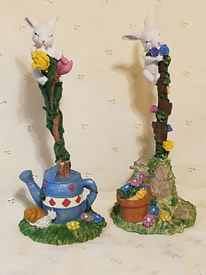 Spring White Easter Bunny Rabbit Figurines on Post Grass Flowers pair of 2
