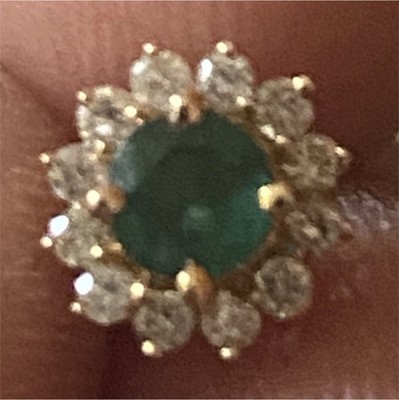 18K Yellow Gold Round Green Emerald Halo Stud Earring, Butterfly Back, Signed