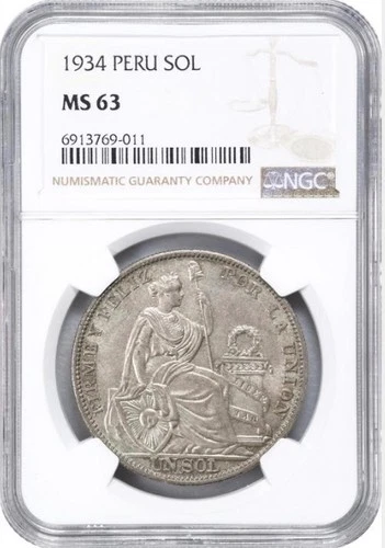 Peru 1934 1 Sol NGC Graded MS63 Condition