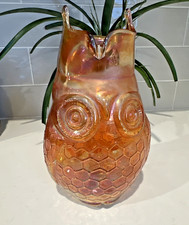 Honeycomb Iridescent Orange Owl Pitcher or Vase Unknown Maker MCM