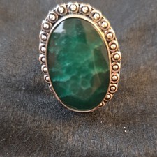 Sterling Silver 925 Ring Oval Green Stone Bezel Setting 11.1g Silver Band