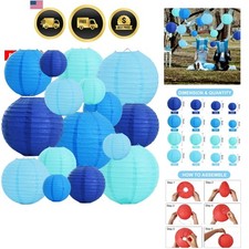 16 Pcs Blue White Round Paper Lanterns Decorative Hanging Asia Chinese Japane...