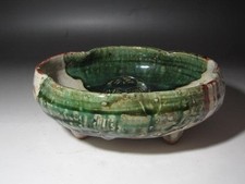 Japanese Antique Oribe Aoi Crest Decorative Bowl Craft Art green