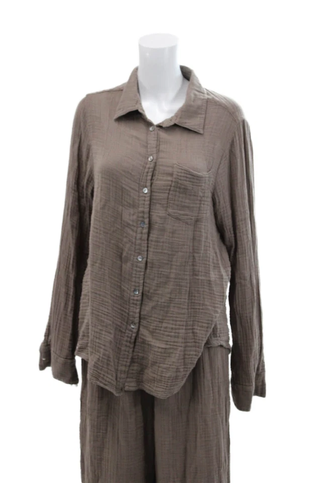 Conjunto de pantalón camisa con botones Michael Stars para mujer adoquín marrón algodón talla La Foto 2 de 4