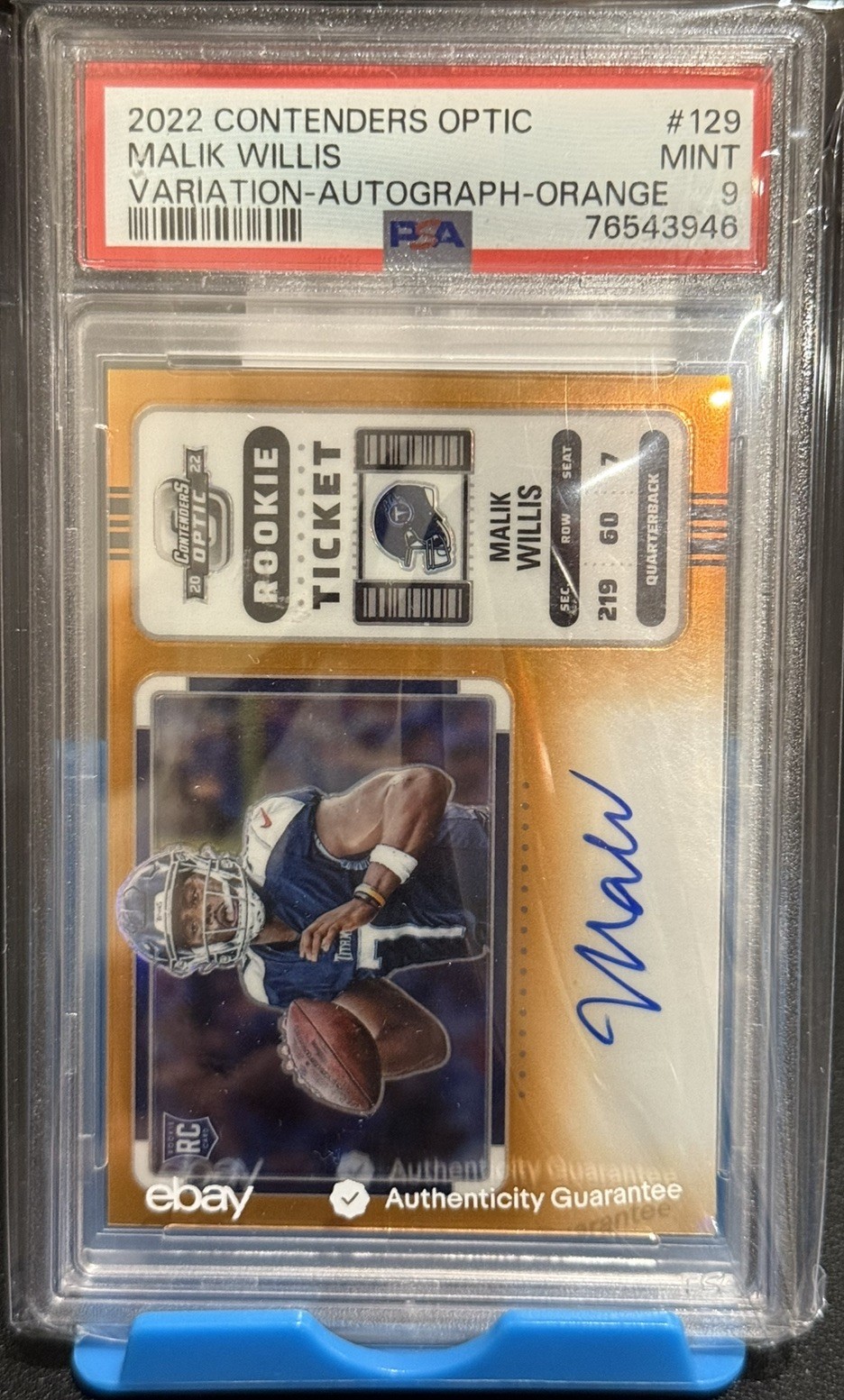2022 Malik Willis Rookie Auto PSA 9 Contenders Optic Orange /20 RC #129 view 1