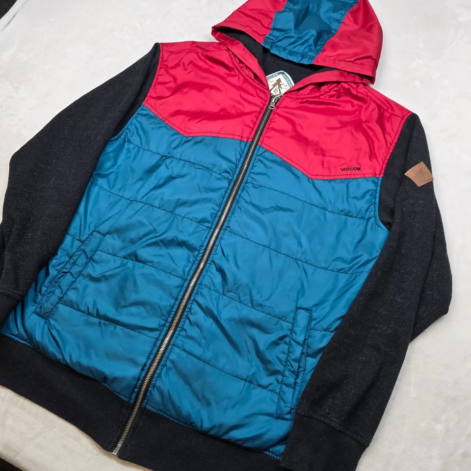 Volcom Puffer Hybrid Hoodie Jacket Mens Large Colorblock Red Teal Charcoal - Image 4 of 4