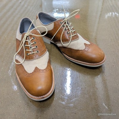 Johnston & Murphy Wingtip Oxford 10M Mens Tan Leather Canvas Two Tone 20-6730