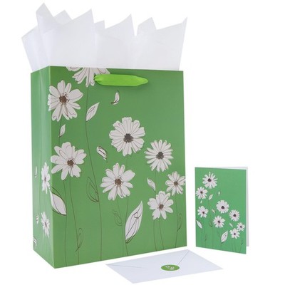 wishinside 13  Large Flowers Green Gift Bag Set with Handles, Greeting Car