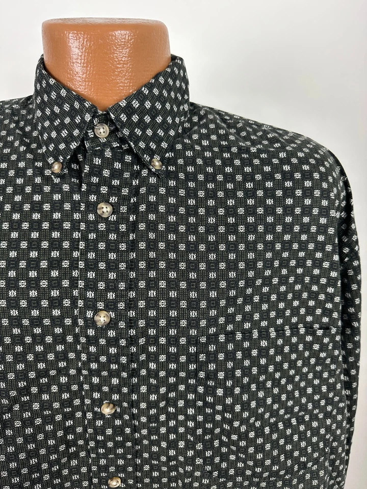 Vintage 90s Geometric Shirt Men L TALL Button Down Check Peached Natural Issue - Image 3 of 4