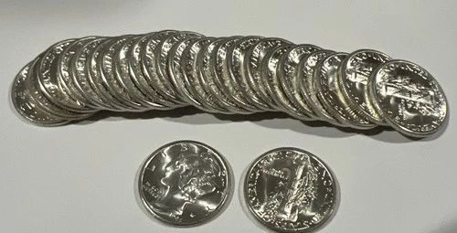 Original Half Roll of 25 1945 Mercury Dimes Choice to Gem BU, Full Mint Luster