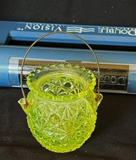 EAPG Daisy & Button Vaseline Glass Novelty Metal Handle Basket