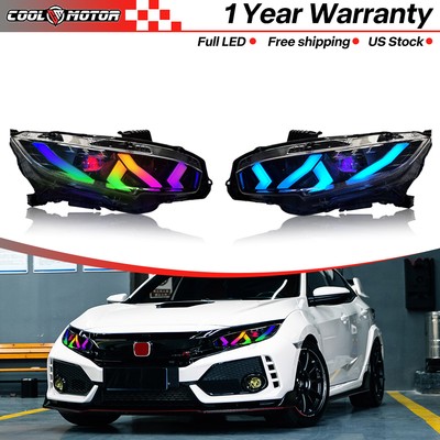 RGB Double Projector LED Headlight For Honda Civic 2016-2021 Head Lamp L+R Pair